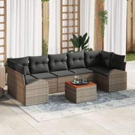 Conjunto de Sofá de Jardín de 8 Piezas con Cojines Gris Ratán Poliéster Acacia