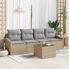 Juego de Comedor de Jardín de 5 Piezas con Cojines Beige de Ratán Poliéster