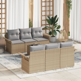 Juego de Sofás de Jardín  de 7 Piezas con Cojines Beige Poliratán