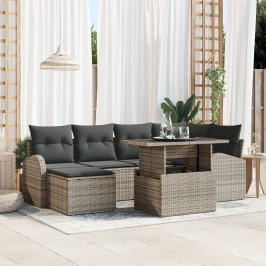 Conjunto de Sofás de Jardín de 7 Piezas con Cojines Gris Ratán Poliéster