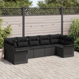 Conjunto de sofá de jardín  de 7 piezas con cojines Negro Rattan