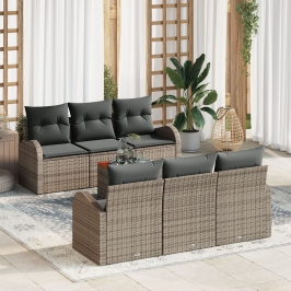 Conjunto de Sofás de Jardín de 7 Piezas con Cojines Gris Poliratán Acacia