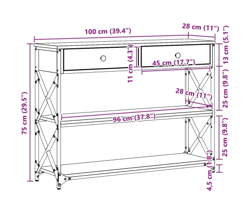 Mesa Consola  de Roble Artesanal 100x28x75 cm Madera Ingenierizada y Acero