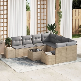 Conjunto de Sofás de Jardín  de 9 Piezas con Cojines Beige Ratán Poliéster