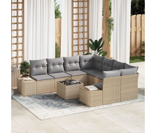 Conjunto de Sofás de Jardín  de 9 Piezas con Cojines Beige Ratán Poliéster