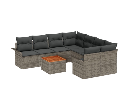 Set de Sofá de Jardín de 9 Piezas con Cojines Gris Poliratán Acacia
