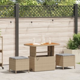 Conjunto de Jardín de Comedor de 3 Piezas con Cojines Beige de Poliratán y Acacia