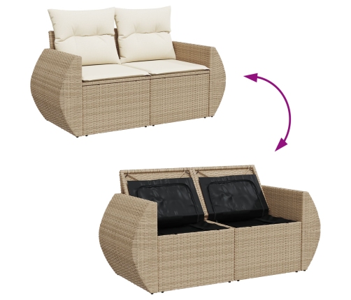 Sofá de jardín  9 piezas con cojines beige de ratán PE y acacia, Comedor de jardín  3 piezas con cojines beige de ratán PE y acacia