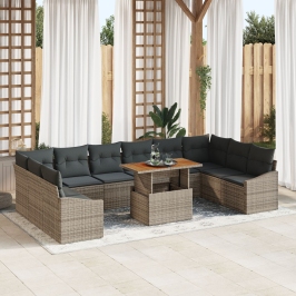 Juego de Comedor de Jardín de 11 Piezas con Cojines Gris de Poliratán y Acacia