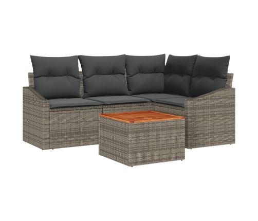 Set de Sofá de Jardín de 5 Piezas con Cojines Gris Ratán Poli Acacia