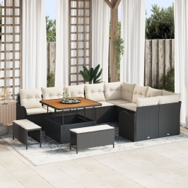 Set de Sofá de Jardín de 12 Piezas con Cojines Negro Poliratán Acacia,  Sofá de Jardín de 2 Plazas con Almacenamiento y Cojines Negro Poliratán,  Set de Comedor de Jardín de 3 Piezas con Cojines Negro Poliratán Acacia