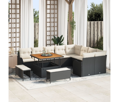 Set de Sofá de Jardín de 12 Piezas con Cojines Negro Poliratán Acacia,  Sofá de Jardín de 2 Plazas con Almacenamiento y Cojines Negro Poliratán,  Set de Comedor de Jardín de 3 Piezas con Cojines Negro Poliratán Acacia
