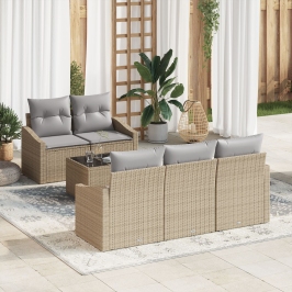 Juego de Sofá de Jardín de 6 Piezas con Cojines Beige Poliratán