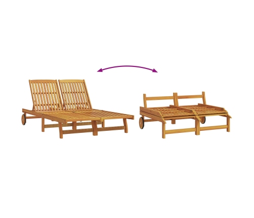 Sillón doble de sol con ruedas y cojín de madera maciza de acacia
