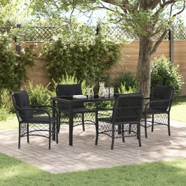 Juego de Comedor para Jardín de 5 Piezas con Cojines de Ratan Poliéster Negro