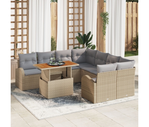 Set de Comedor de Jardín de 9 Piezas con Cojines Beige Ratán Poliéster Acacia