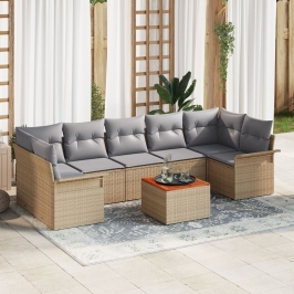 Conjunto de Sofá de Jardín  de 8 Piezas con Cojines Beige Ratán Poliéster Acacia