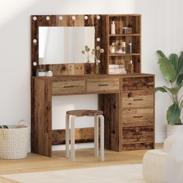 Conjunto de Mesa de Tocador  de 2 Piezas con LED y Madera Vieja Ingenierizada