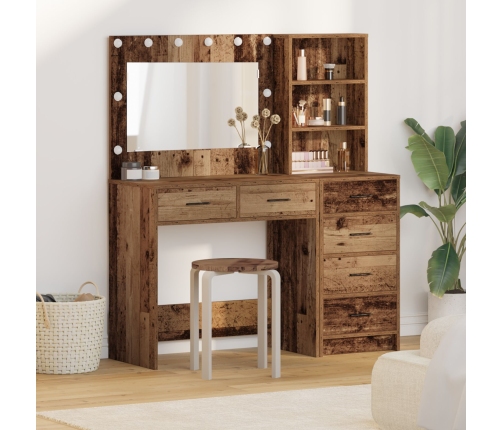 Conjunto de Mesa de Tocador  de 2 Piezas con LED y Madera Vieja Ingenierizada
