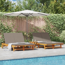 Sillón doble de sol con ruedas y cojín de madera maciza de acacia