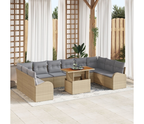 Juego de comedor de jardín de 11 piezas con cojines Beige Ratán Poliéster Acacia