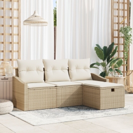 Conjunto de sofá de jardín de 4 piezas con cojines ratán sintético beige