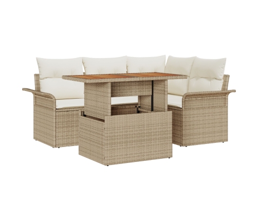 Juego de comedor de jardín de 5 piezas con cojines Beige Polirratán Acacia