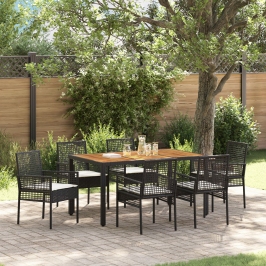 Conjunto de Comedor de Jardín  de 7 Piezas con Cojines Negro Polirratán