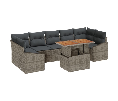Conjunto de Jardín de 8 Piezas con Cojines Gris Ratán Poli Acacia