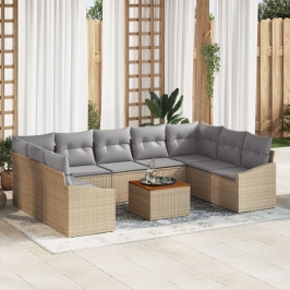 Juego de Sofá de Jardín de 10 Piezas con Cojines Beige Poliratán Acacia