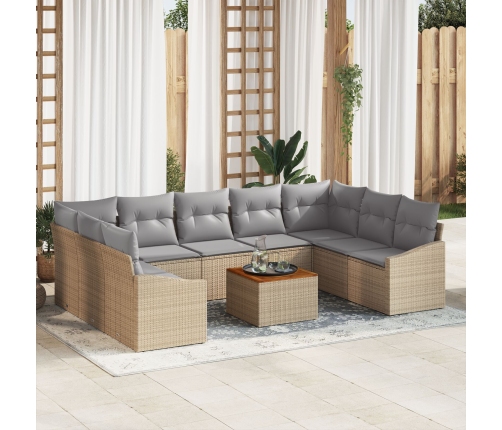 Juego de Sofá de Jardín de 10 Piezas con Cojines Beige Poliratán Acacia