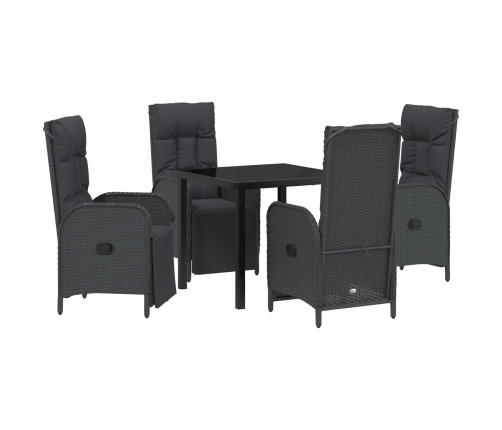 Juego de comedor para jardín  de 5 piezas con cojines, negro, poliratán