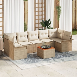 Juego de Sofá de Jardín 8 Piezas con Cojines Beige de Ratán Poli