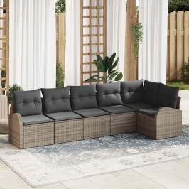 Conjunto de sofá de jardín de 6 piezas con cojines gris ratán sintético