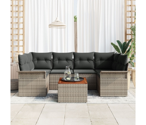 Set de Sofá de Jardín de 7 Piezas con Cojines Gris Poliratán Acacia