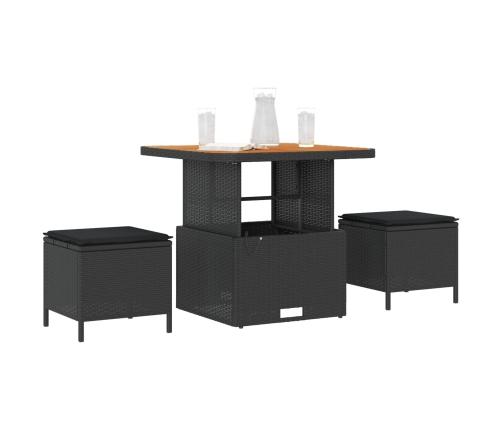 Conjunto de Comedor de Jardín de 3 Piezas con Cojines Negro de Ratán de Poliéster y Acacia