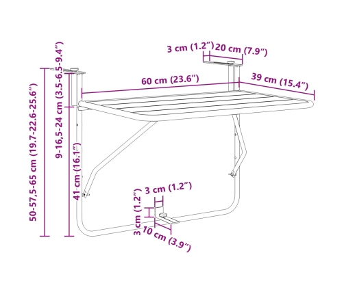Mesa Colgante para Balcón VidaXL Plegable Mostaza 60x40 cm Acero