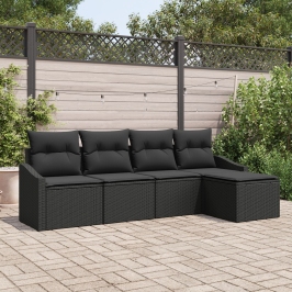 Set de Sofá de Jardín  5 Piezas Negro Ratán, cojines de poliéster