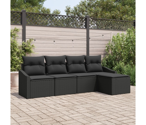 Set de Sofá de Jardín  5 Piezas Negro Ratán, cojines de poliéster
