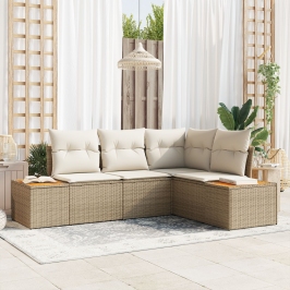 Juego de Sofá de Jardín de 4 Piezas con Cojines Beige Poliratán Acacia