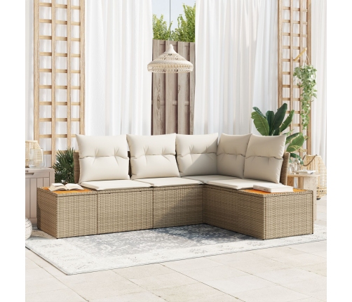 Juego de Sofá de Jardín de 4 Piezas con Cojines Beige Poliratán Acacia