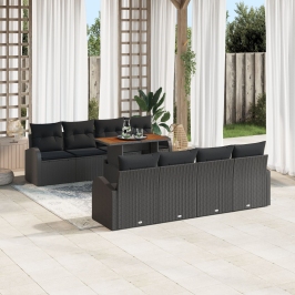 Conjunto de Comedor de Jardín de 9 Piezas con Cojines Negro Poliratán Acacia