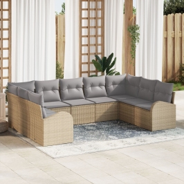 Conjunto de Sofá de Jardín  de 9 Piezas con Cojines Beige Ratán Poliéster