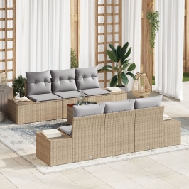 Conjunto de Sofá de Jardín  de 7 Piezas con Cojines Beige Poliratán Acacia
