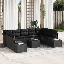 Conjunto de Sofá de Jardín  Set de 10 Negro Ratán, Poliéster, Acero