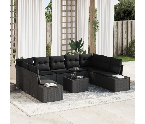 Conjunto de Sofá de Jardín  Set de 10 Negro Ratán, Poliéster, Acero