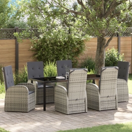 Conjunto de Comedor de Jardín de 7 Piezas con Cojines Gris de Poliratán