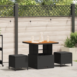 Conjunto de Comedor de Jardín de 3 Piezas con Cojines Negro de Ratán de Poliéster y Acacia