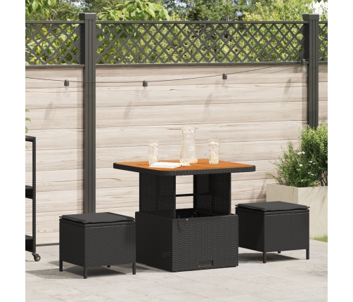Conjunto de Comedor de Jardín de 3 Piezas con Cojines Negro de Ratán de Poliéster y Acacia