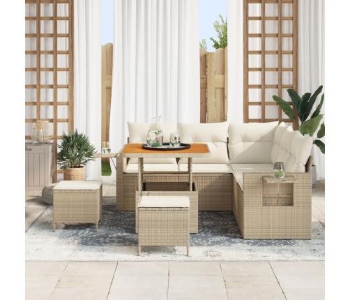 Conjunto de Sofá de Jardín de 8 Piezas con Cojines Ratán Beige Acacia,  Conjunto de Comedor de Jardín de 3 Piezas con Cojines Ratán Beige Acacia